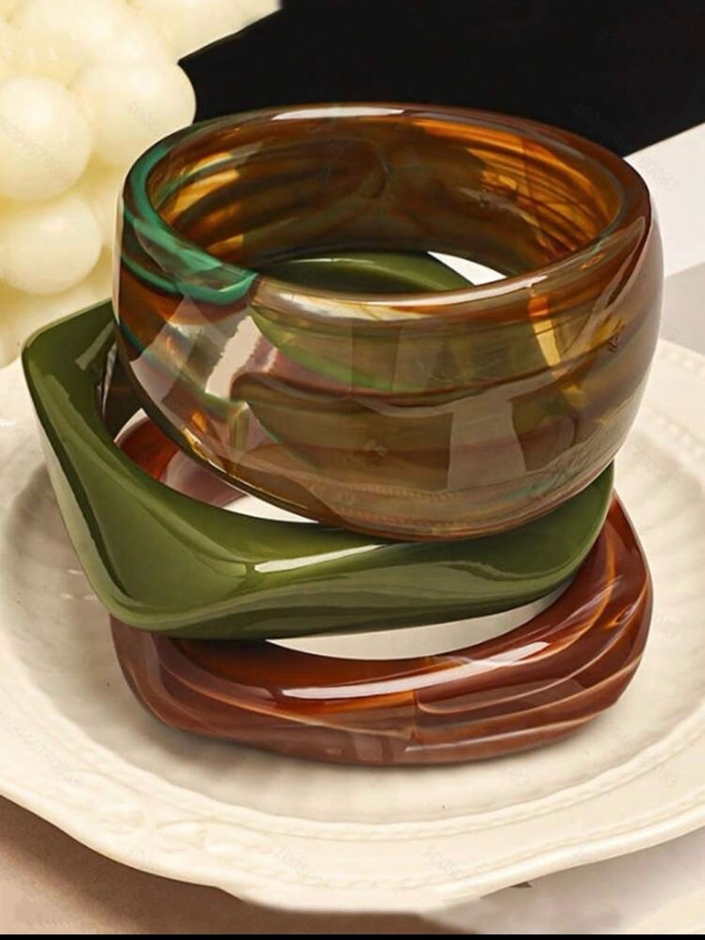 Stackable Resin Bangle Set - Olive Green & Tortoiseshell